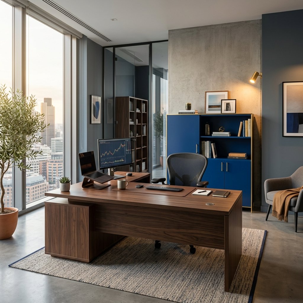 Minimalist wood and leather office workstation